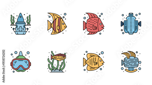 A colorful vector graphic illustration of various scuba diving icons and sea creatures