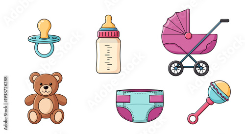 A colorful vector illustration of baby items including a pacifier, bottle, stroller, teddy bear, diaper, and rattle.