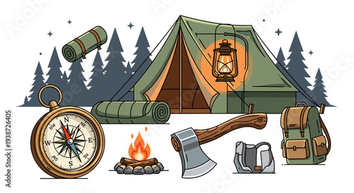 A vector graphic illustration of camping equipment and a tent in a forest