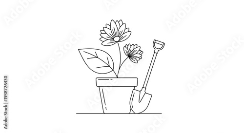 A minimalist line art illustration of a potted plant with a shovel