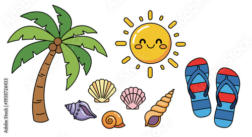 A colorful vector illustration of a beach scene with a palm tree, smiling sun, seashells, and flip flops