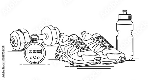 A minimalist vector illustration of fitness equipment including sneakers, dumbbells, a stopwatch, and a water bottle