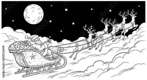 A festive vector illustration of Santa Claus riding in his sleigh pulled by reindeer under a starry night sky with a full moon
