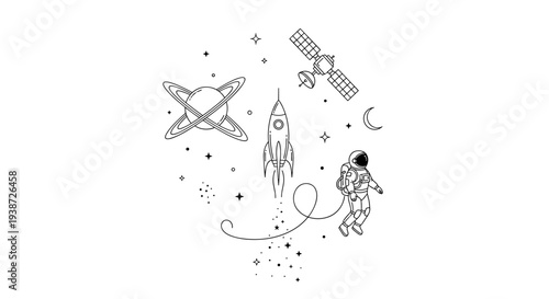A minimalist vector illustration of an astronaut and spacecraft in a starry night sky