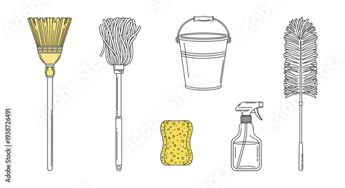 A set of cleaning tools and supplies in a minimalist vector illustration