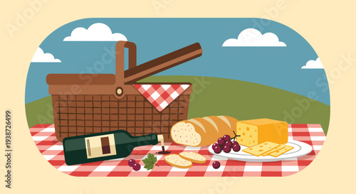 A colorful illustration of a picnic setup with a wicker basket, wine, and food on a red and white checkered tablecloth in a serene outdoor setting.