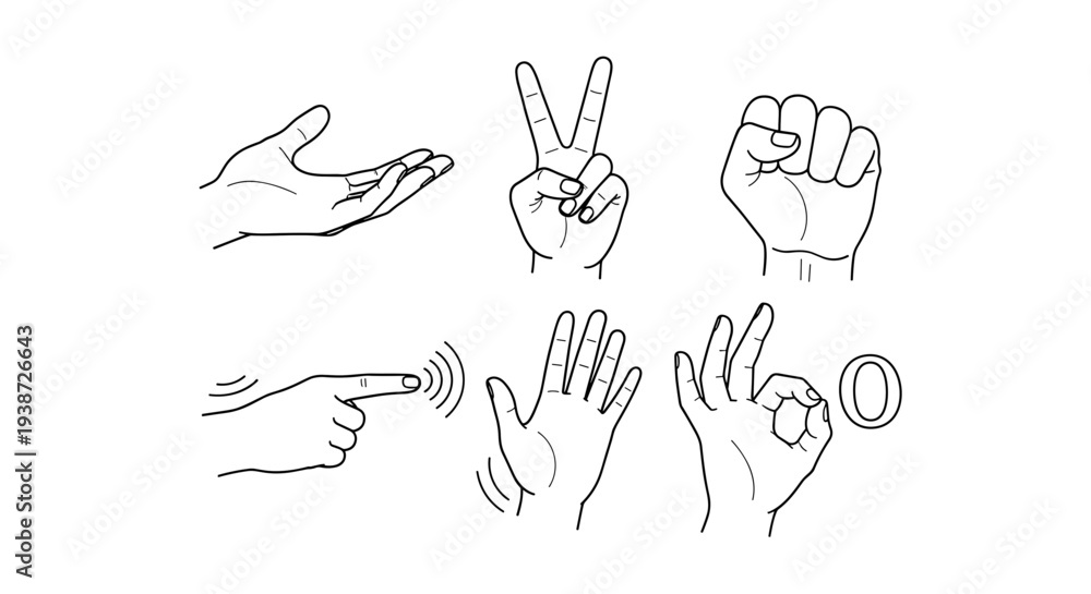 Fototapeta premium A set of seven hand gestures illustrated in a minimalist line art style