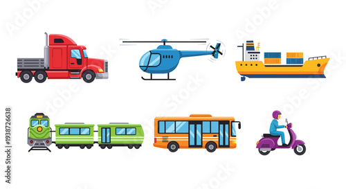 A colorful vector graphic illustration of various transportation vehicles