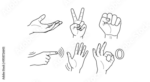 A set of seven hand gestures illustrated in a minimalist line art style