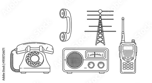 A vector graphic illustration of various communication devices including a rotary phone, a handheld phone, a radio, a cell phone, and a radio tower.