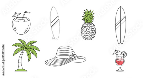 A set of summer icons including a coconut, surfboards, pineapple, palm tree, sun hat, and cocktail