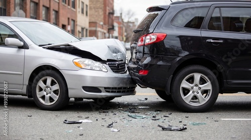 Car crash with two vehicles involved in road accident. Silver sedan smashed into rear of black suv. Damaged transport on city street. Insurance claim and traffic collision concept.