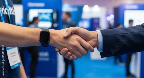 Two business professionals shaking hands at a conference or trade show event