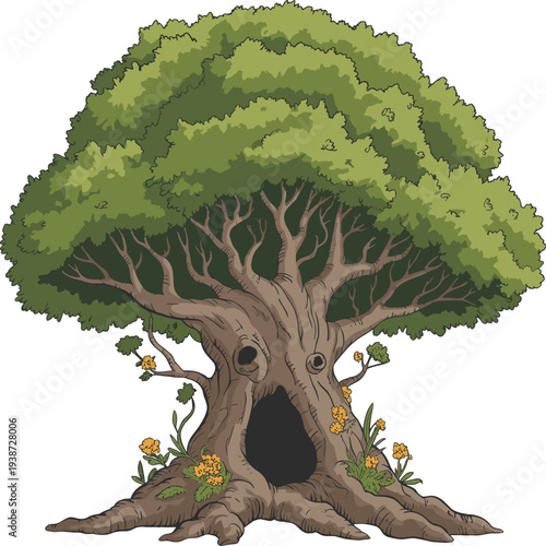 Ancient fantasy tree with hollow trunk, lush green canopy and small flowers, detailed nature illustration, magical forest concept, whimsical woodland character vector artwork