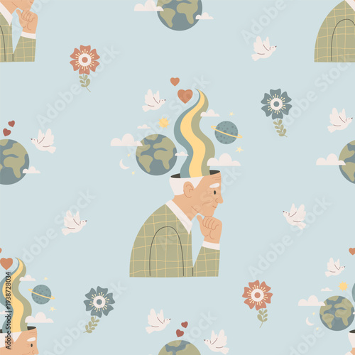 Seamless Pattern Mental Wellness. Senior Man Thinking with Universal Mind and Peace Symbols, Rainbow, Planets and Doves on Blue Background. Vector Flat Illustration 