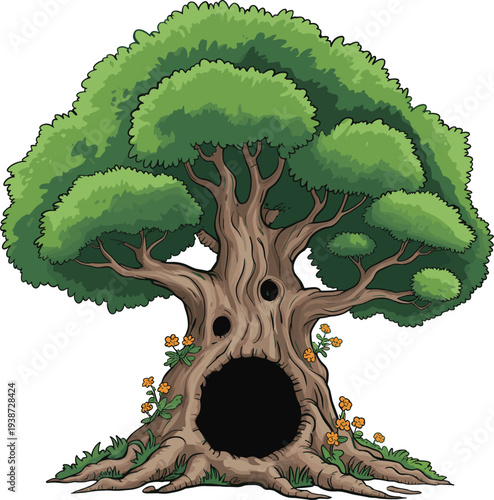 Cartoon magical tree illustration with hollow trunk, expressive openings resembling face, green foliage, roots, vines, and flowers, symbolizing fantasy nature, mystery, environment,