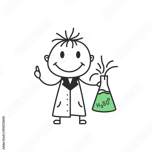 Stick Figure Scientist with Chemistry Flask Hand Drawn Doodle Vector