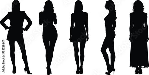 Collection of elegant female fashion silhouettes in stylish poses, showcasing dresses, heels, and posture variations for design, illustration, and creative artistic projects