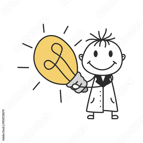 Stick Figure Scientist Holding Glowing Light Bulb Idea Doodle Vector