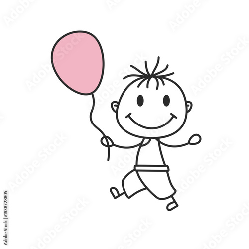 Stick Figure Boy Running with Pink Balloon Hand Drawn Doodle Vector
