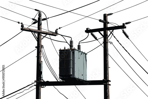 Detailed black and white illustration of two wooden utility poles supporting electrical transformer, insulators, and multiple power lines, representing 