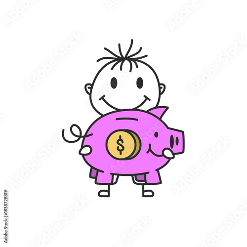 Stick Figure Boy with Purple Piggy Bank and Dollar Coin Doodle Vector