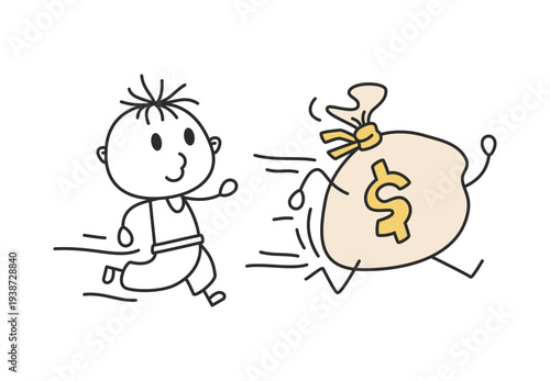 Stick Figure Boy Chasing Money Bag Dollar Doodle Vector Illustration