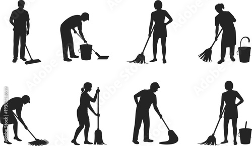 Eight silhouettes of men and women performing cleaning tasks with mop, broom, and bucket, illustrating housekeeping, janitorial services, hygiene maintenance, and floor cleaning activities.