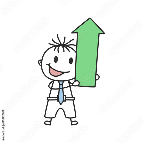 Stick Figure Businessman Holding Green Growth Arrow Doodle Vector Illustration