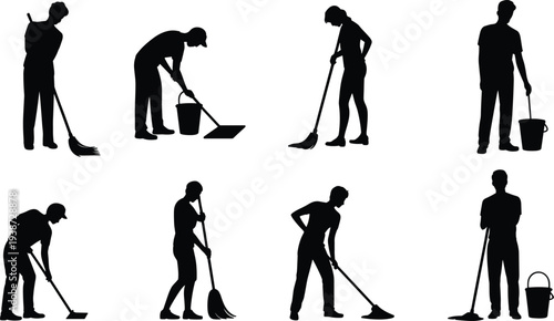 Eight silhouettes of people performing cleaning tasks with broom, mop, dustpan, and bucket, representing housekeeping, janitorial services, hygiene, and floor cleaning activities illustration.