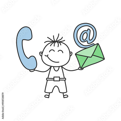 Stick Figure Boy with Phone Email Contact Us Doodle Vector Illustration