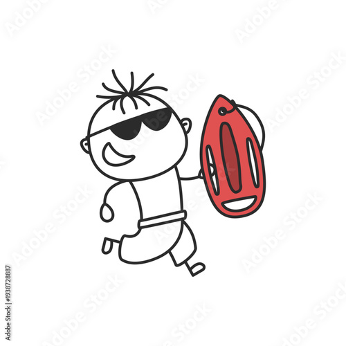 Stick Figure Lifeguard Running with Red Rescue Buoy Doodle Vector