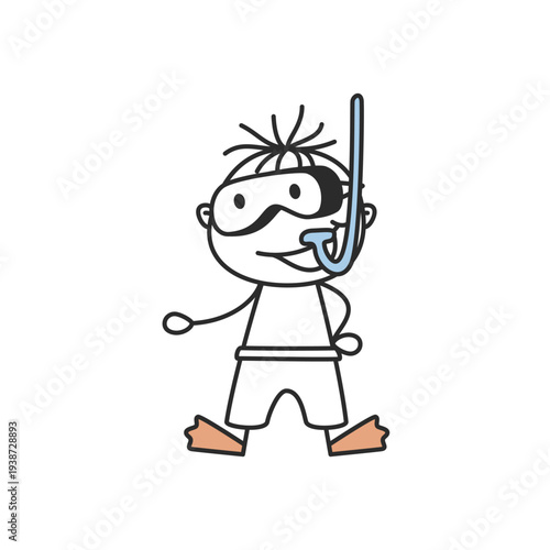 Stick Figure Boy Snorkeling with Mask and Fins Doodle Vector Illustration