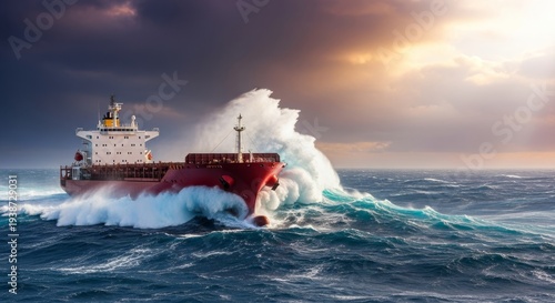 A massive container ship battles through colossal waves and turbulent ocean spray under a dramatic sky, showcasing resilience and power, raw power, global trade, cargo ship