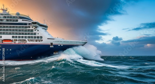 A vast cruise ship in side profile, navigating rough ocean waters. Intense sea spray erupts below its sturdy hull, lifeboats clearly visible on deck, navigating, exploration, turbulent