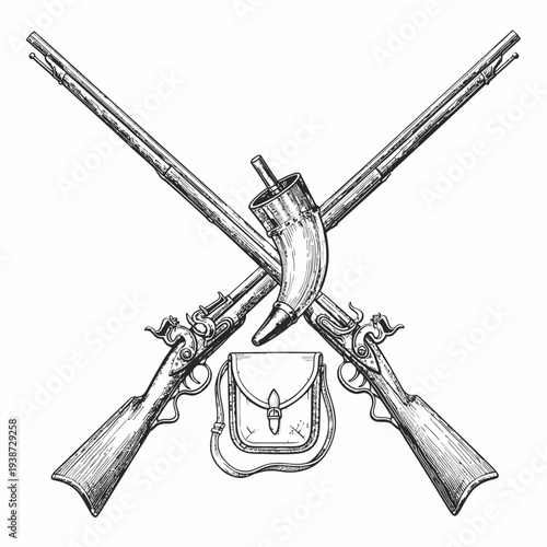 Crossed antique pistols with holster and pouch.