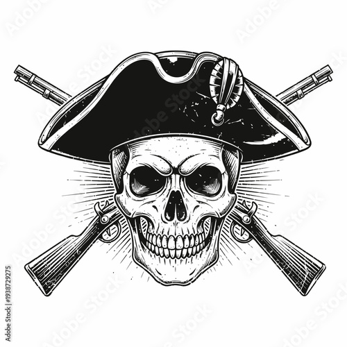 Pirate Skull with Guns and Hat Illustration.