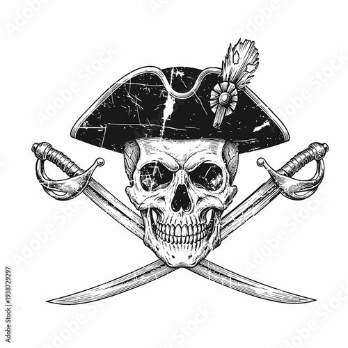 Pirate Skull with Swords and Tricorn Hat.