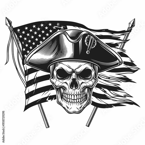 Pirate Skull with Tricorn Hat and Flag.