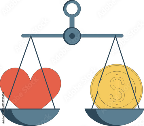 Balance scale comparing heart and dollar coin illustration, love versus money concept symbol for value decision design