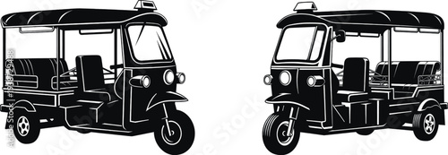 Tuk tuk auto rickshaw vehicle illustrations in black and white