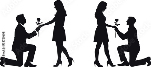 Proposal silhouette illustrations of romantic proposal scenes with a man kneeling and giving a rose to his partner in a heartfelt gesture