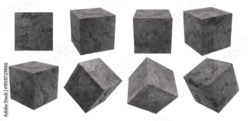 Schilderij op canvas 3D Rendered Collection of Distressed Grey Concrete Cubes in Multiple Angles