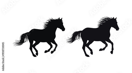 Two black horse silhouettes running side by side in profile view