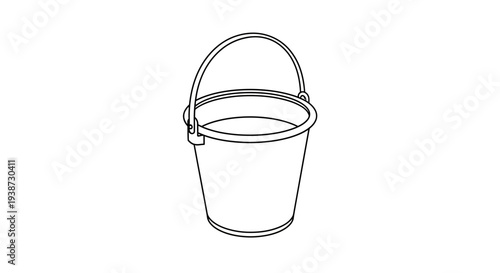 Simple Line Drawing of a Metal Bucket with Handle, Isolated on White Background