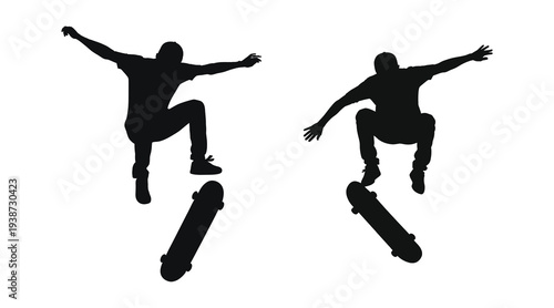 Two skateboarders in mid air performing tricks with silhouettes against a white background