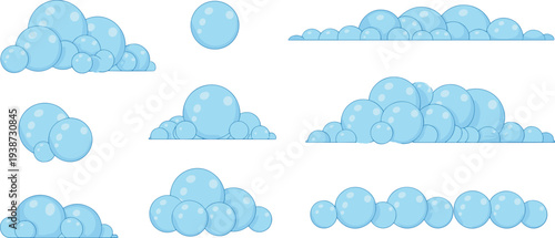 Cartoon soap bubbles foam collection set, blue shiny water bubbles clusters for washing cleaning bath hygiene illustration elements