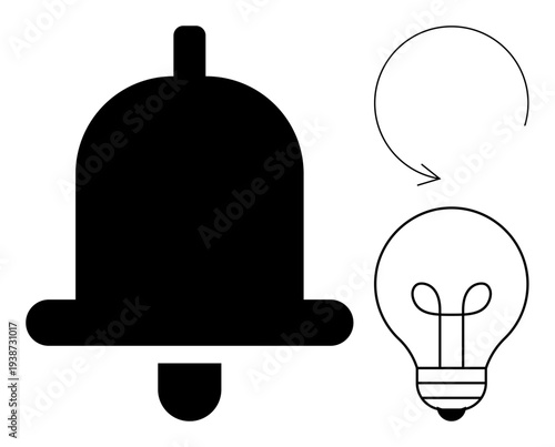 Notification and idea concepts. Notification symbol by a bell, idea expressed with a light bulb, and progress or cycle via a circular arrow. For alerts, creativity, innovation, workflow, progress