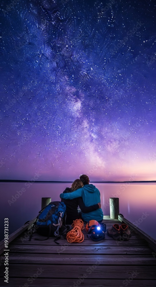 Fototapeta premium A serene pair sits on a wooden dock, gazing at a star-filled night sky. Outdoor adventure gear rests nearby, ready for exploration, wonder, relaxing, backpack