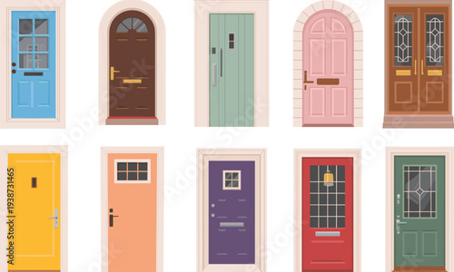 Colorful front house doors collection set, modern residential entrance door designs with frames and windows for home exterior illustration